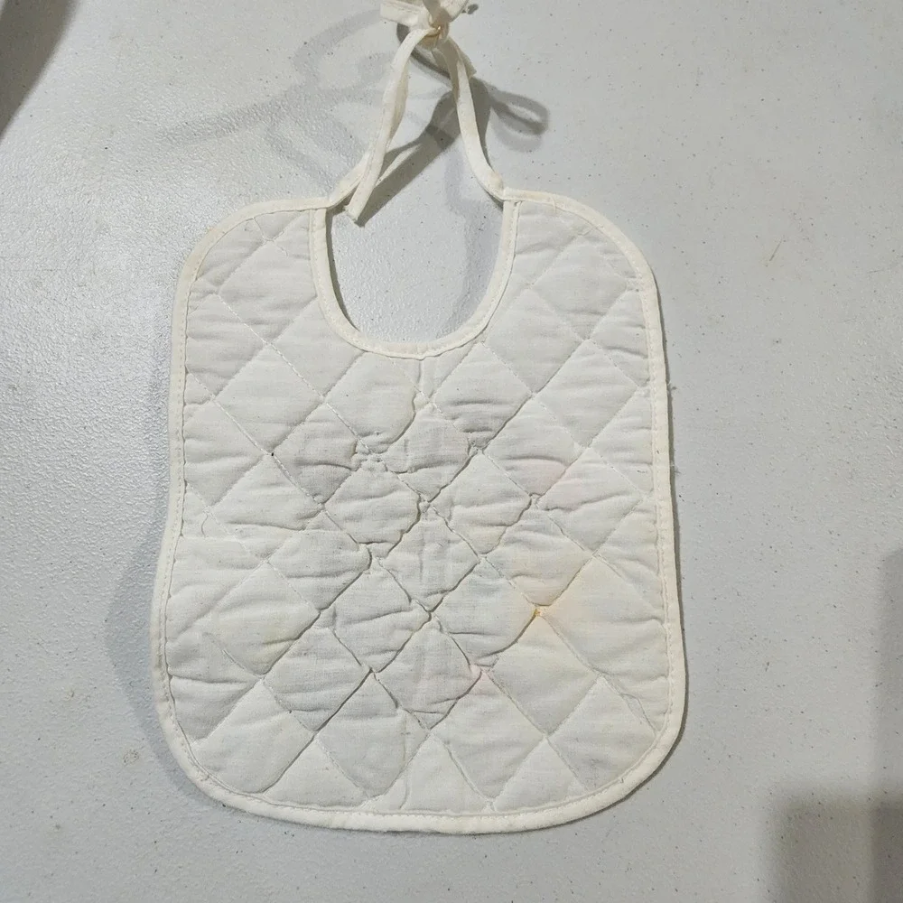 Vintage Handmade Quilted Baby Bib Cross Stitch Bunny Rabbit Rattle White Tie On